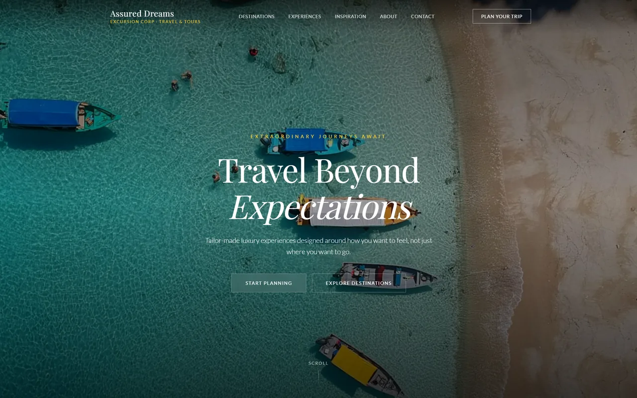 Assured Dreams home page with an aerial beach photo