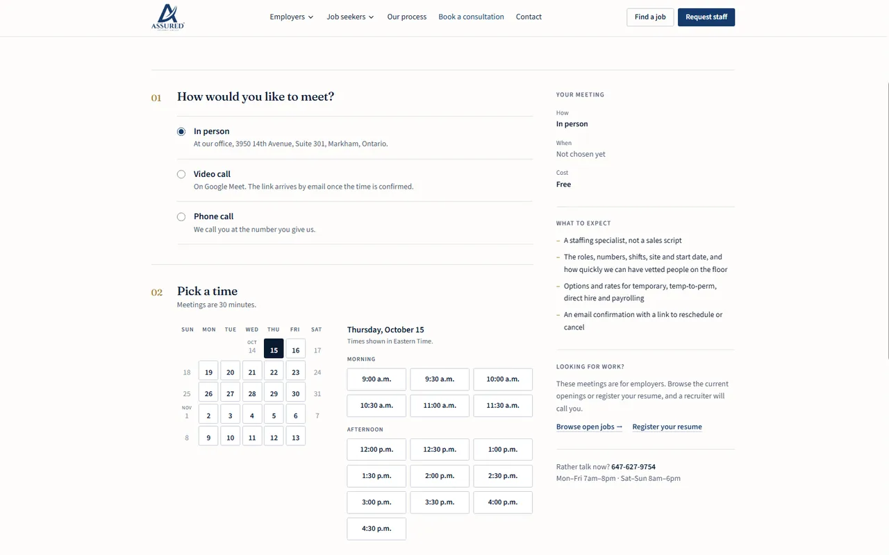 Assured Employment Services booking page