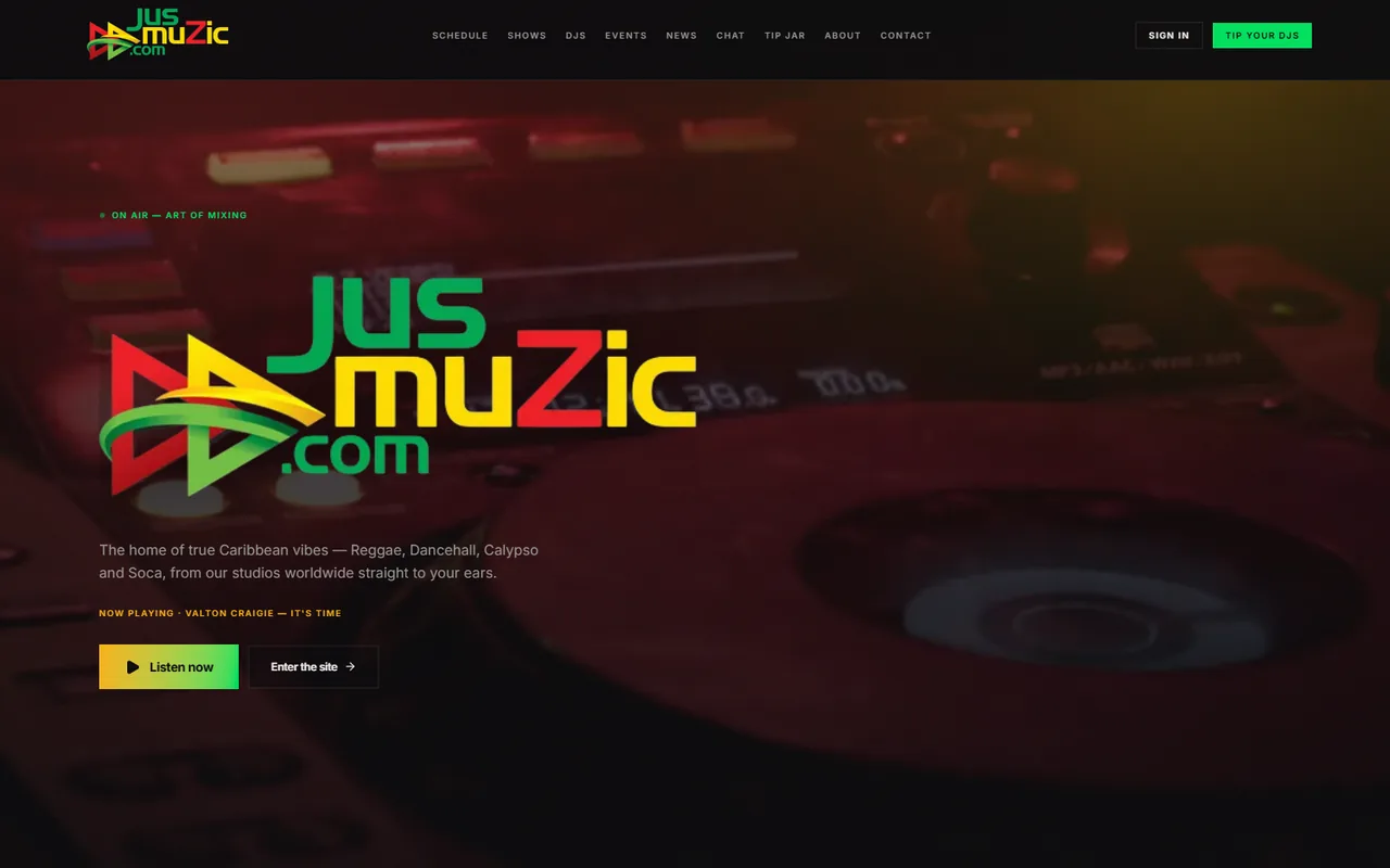 JusMuzic home page with the live show and listen button