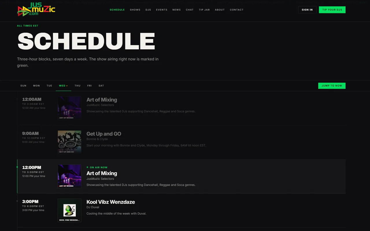 JusMuzic weekly show schedule